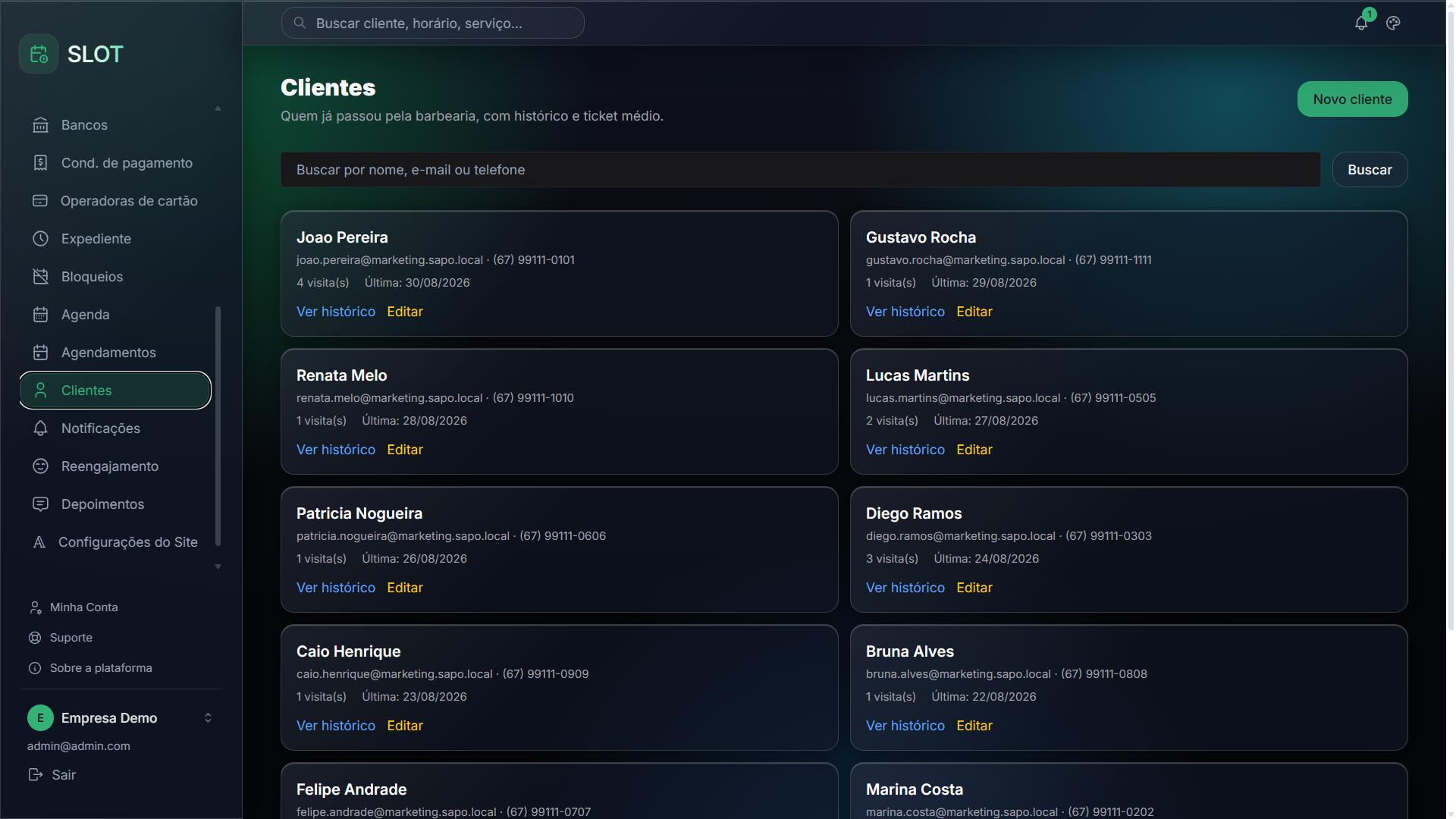 Tela de Clientes e histórico do SAPO SLOT